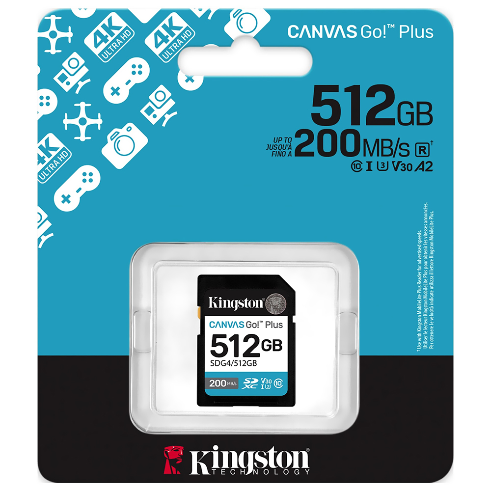 Tarjeta de Memoria SD Kingston Canvas Go Plus C10 U3 V30 A2 512GB - SDG4/512GB