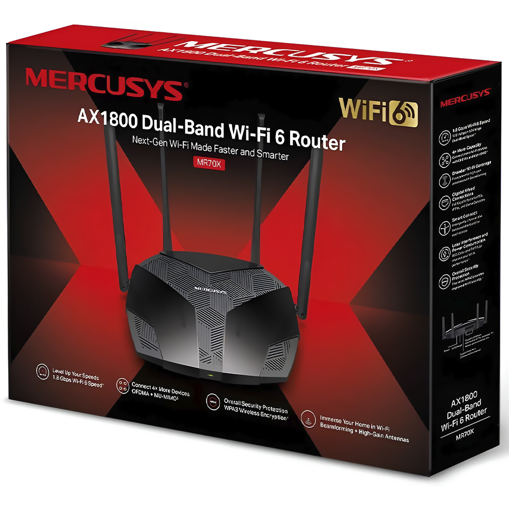 Router Mercusys MR70X AX1800 Dual Band 2.4GHz 5GHz Wi-Fi 6 4 Antenas Negro