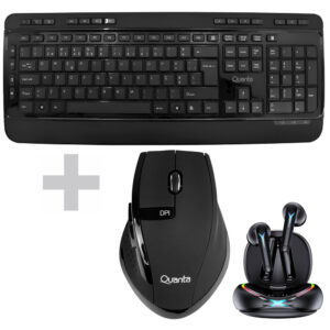 Teclado + Mouse Quanta QTKTM1600 Wireless Portugués Negro + Auricular QTAGE10