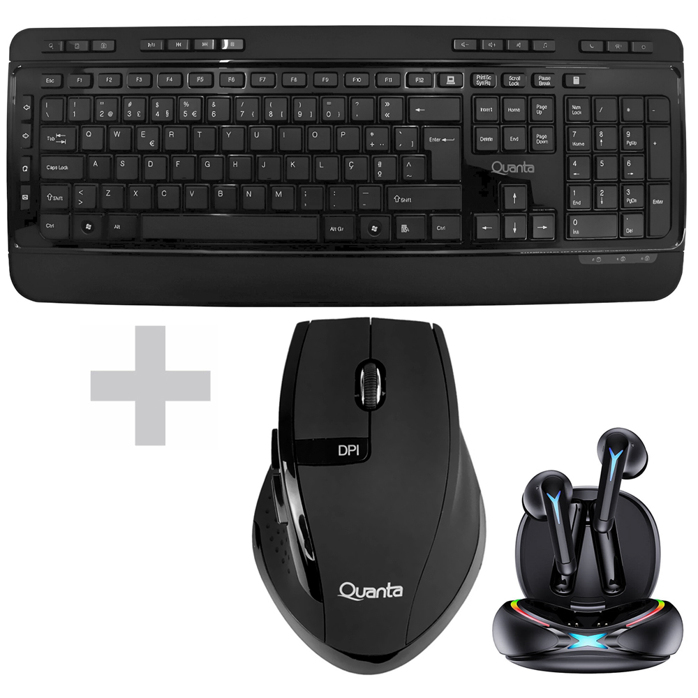 Teclado + Mouse Quanta QTKTM1600 Wireless Portugués Negro + Auricular QTAGE10