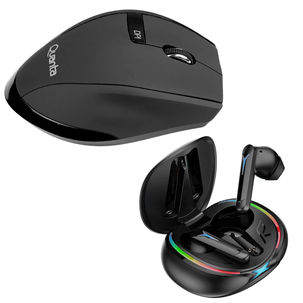 Teclado + Mouse Quanta QTKTM1600 Wireless Portugués Negro + Auricular QTAGE10