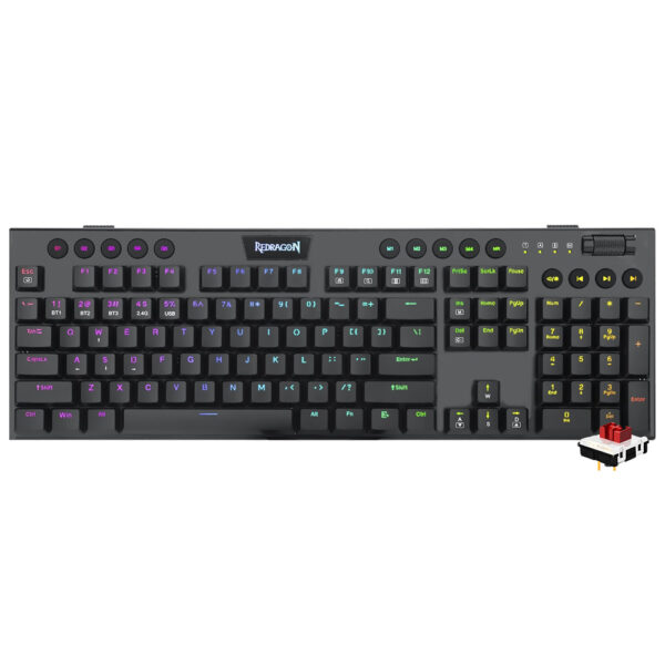 Teclado Gamer Mecánico Redragon K618RGB-PRO Horus Wireless RGB RED Inglés Negro