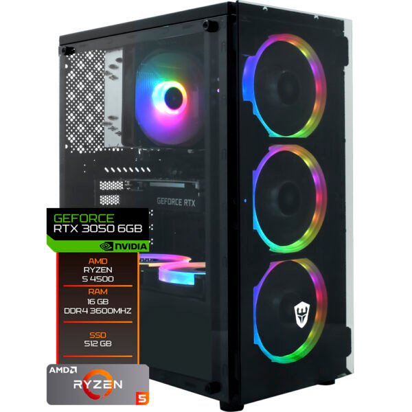 PC Montado Gamer AMD Ryzen 5 4500 de 4.1GHz 16GB de RAM 512GB SSD GeForce RTX3050 6GB Negro