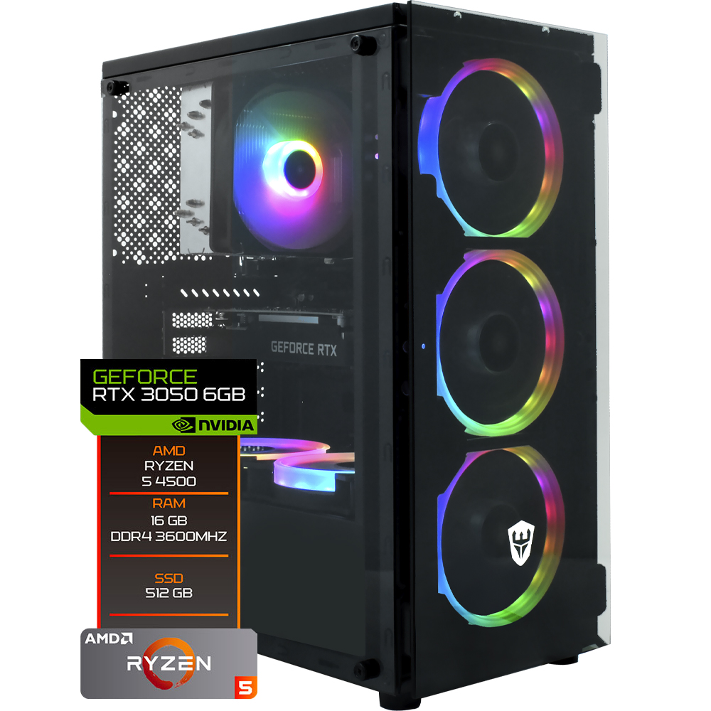 PC Montado Gamer AMD Ryzen 5 4500 de 4.1GHz 16GB de RAM 512GB SSD GeForce RTX3050 6GB Negro