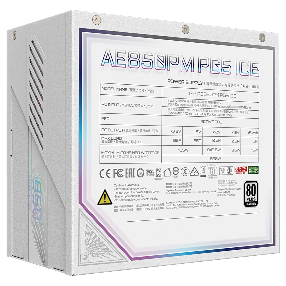 Fuente de Alimentación Gigabyte AORUS Elite GP-AE850PM PG5 Ice 850W ATX 3.1 Modular 80 Plus Platinum Bivolt