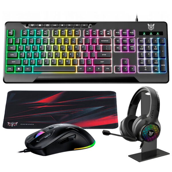 Kit Gamer Onikuma TZ5006 Teclado + Mouse + Mousepad + Headset RGB Inglés Negro