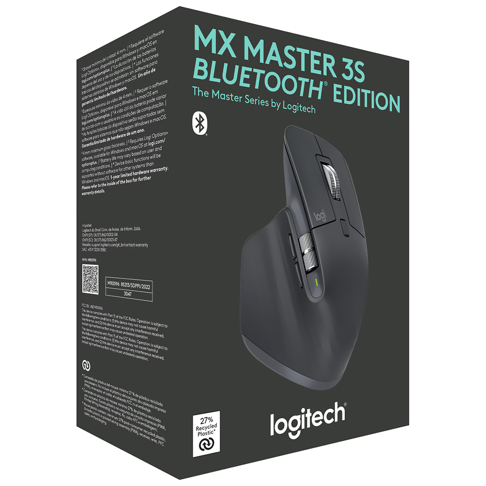 MOUSE WIRELESS LOGITECH MX MASTER 3S BLUETOOTH 8000DPI 7 BOTOES GRAFITE 910-007502