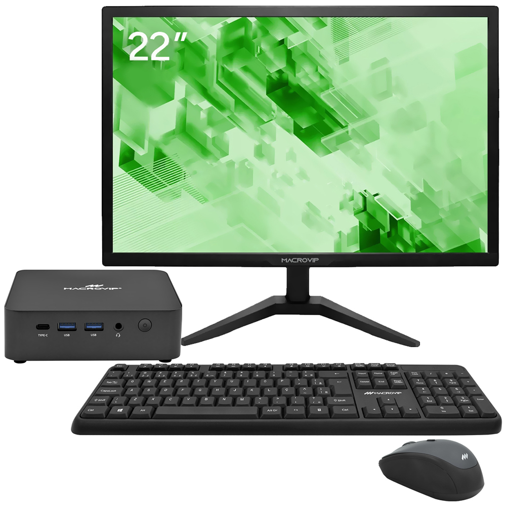 Mini PC Macrovip nanoBOX K1 Intel Core i3 1215U de 1.2GHz 8GB de RAM 512GB SSD Win11Pro Negro + Monitor 22" Teclado Mouse