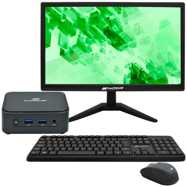 Mini PC Macrovip nanoBOX C1 Intel N100 de 0.8GHz 8GB de RAM 512GB SSD Win11Pro Negro + Monitor 20" Teclado Mouse