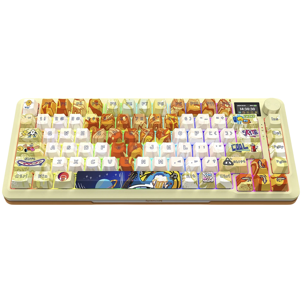 Teclado Gamer Wireless REDRAGON Flekact Pro Art K708GF-RGB-Pro Bluetooth Mechanical Lcd RGB Ingles Amarelo/laranja