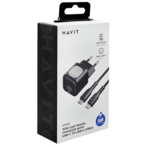 Cargador Enchufe Havit UC233 USB USB-C 33W-NEGRO + Cable USB-C USB-C
