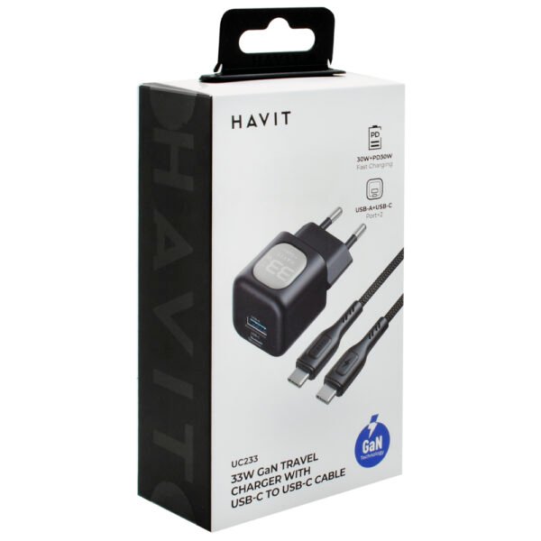 Cargador Enchufe Havit UC233 USB USB-C 33W-NEGRO + Cable USB-C USB-C