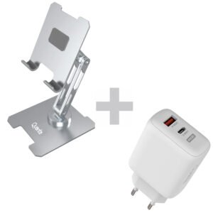 Soporte de Celular Y Tablet Quanta QTSMA20-PLATA + Cargador Tomada QTCCR45