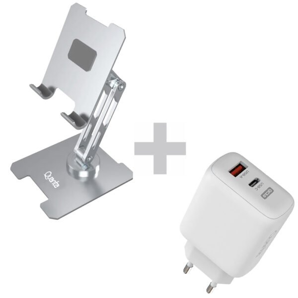Soporte de Celular Y Tablet Quanta QTSMA20-PLATA + Cargador Tomada QTCCR45