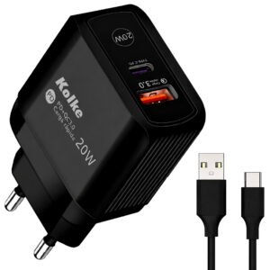 Cargador Enchufe Kolke KCR-2749 USB 3.0 USB-C 20W-NEGRO + Cable USB-C 1M