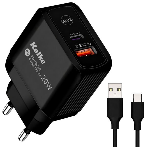 Cargador Enchufe Kolke KCR-2749 USB 3.0 USB-C 20W-NEGRO + Cable USB-C 1M