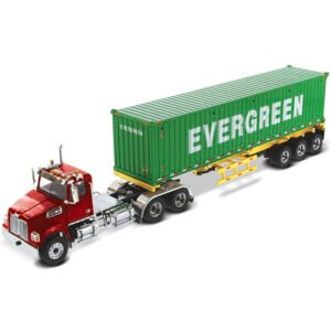 Camión Diecast Masters - Western Star 4700 Day Cab Skeletal Trailer With Evergreen Container Red - Escala 1/50 (71049)