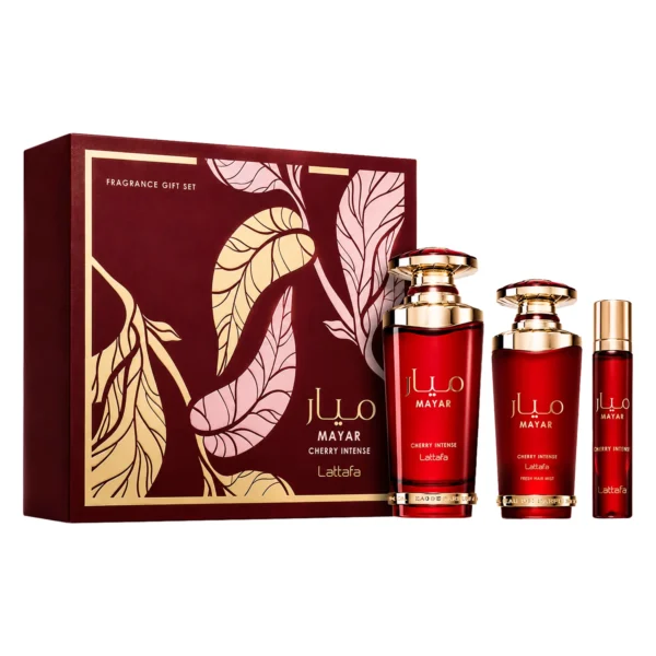 Kit Perfume Lattafa Mayar Cherry Intense Eau de Parfum Unisex 100ml + Perfume Miniatura 12ml + Hair Mist 50ml