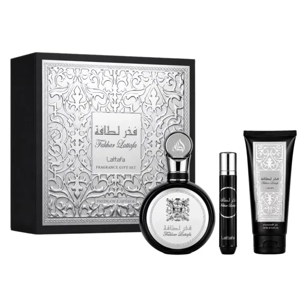 Kit Perfume Lattafa Fakhar Gift Set Eau de Parfum Masculino 100ml + Perfume Miniatura + Shower Gel 100ml