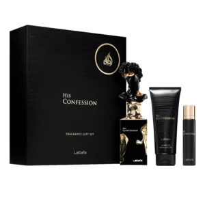 Kit Perfume Lattafa His Confession Gift Set Eau de Parfum Masculino 100ml + Perfume Miniatura + Shower Gel 500ml