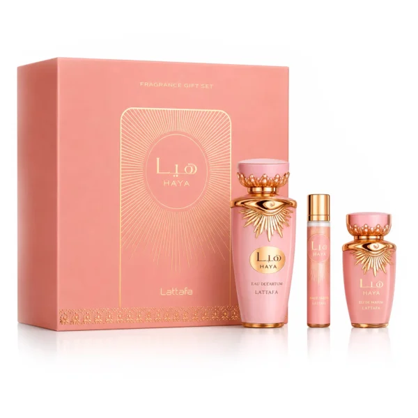 Kit Perfume Lattafa Haya Gift Set Eau de Parfum Femenino 100ml + Perfume de Viaje 12ml + Hair Mist
