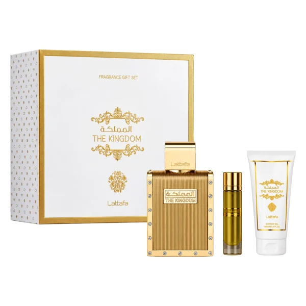 Kit Perfume Lattafa The Kingdom Gift Set Eau de Parfum Masculino 100ml + Perfume de Viaje + Shower Gel 100ml