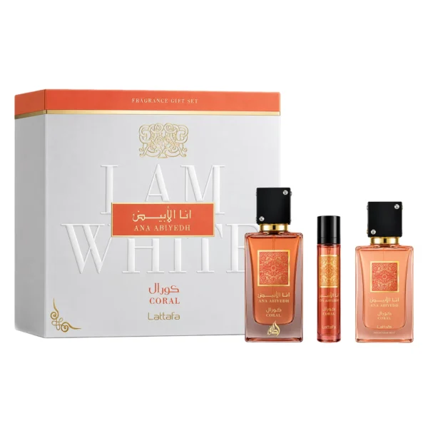 Kit Perfume Lattafa Ana Abiyedh Coral Eau de Parfum Unisex 60ml + Perfume de Viage 12ml + Hair Mist 50ml