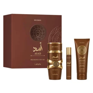 Kit Lattafa Asad Bourbon Eau de Parfum Masculino 100ml + Perfume de Viaje 12ml + Shower Gel 100ml