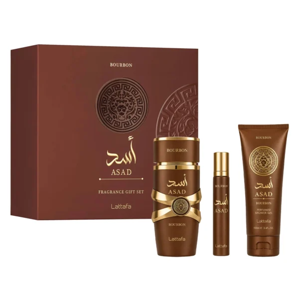 Kit Lattafa Asad Bourbon Eau de Parfum Masculino 100ml + Perfume de Viaje 12ml + Shower Gel 100ml