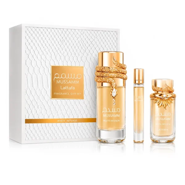 Kit Perfume Lattafa Musamam White Intense Gift Set Eau de Parfum Femenino 100ml + Perfume de Viaje 12ml + Hair Mist 50ml