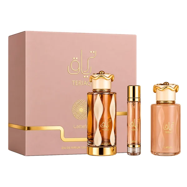Kit Perfume Lattafa Teriaq Eau de Parfum Femenino 100ml + Perfume de Viage 12ml + Hair Mist 50ml